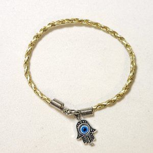 Metallic Gold Leather Braided Hasma Hand Rotating Spinning Evileye Bracelet